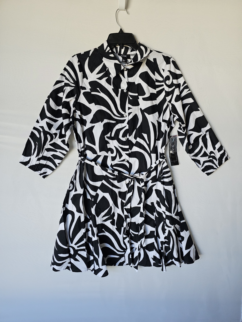 NWT MSK Black & White Abstract Print Cotton Shirt Dress L
